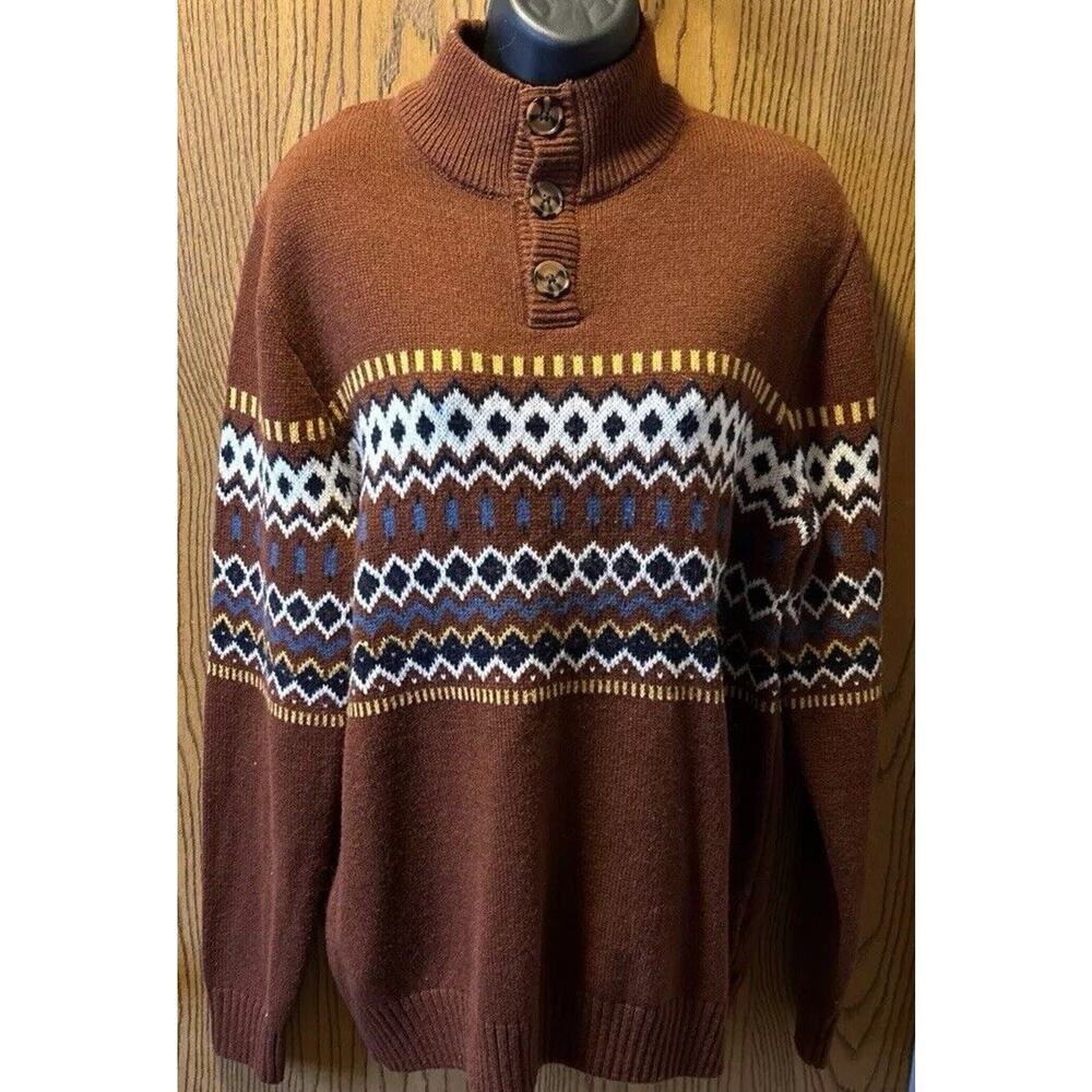 Wool Knit Sweater Aztec Brown Women's Sz M Mock Neck Quarter Button By Next - Picture 2 of 8